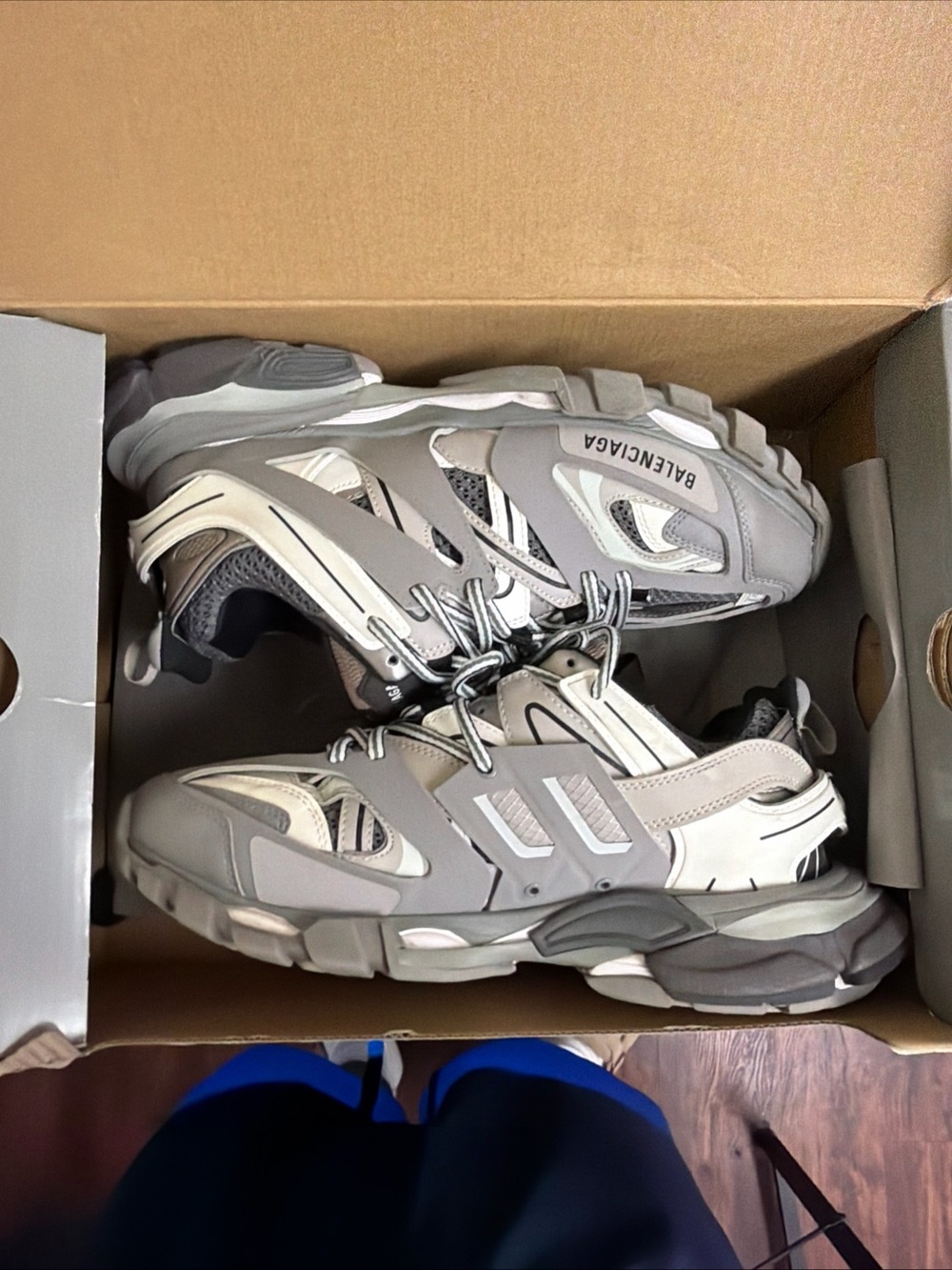 Balenciaga LED Men's Grey and Cream Layered Runner Sneakers - Neutral Tone